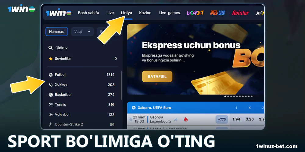 1Win O'zbekiston sport turini tanlang