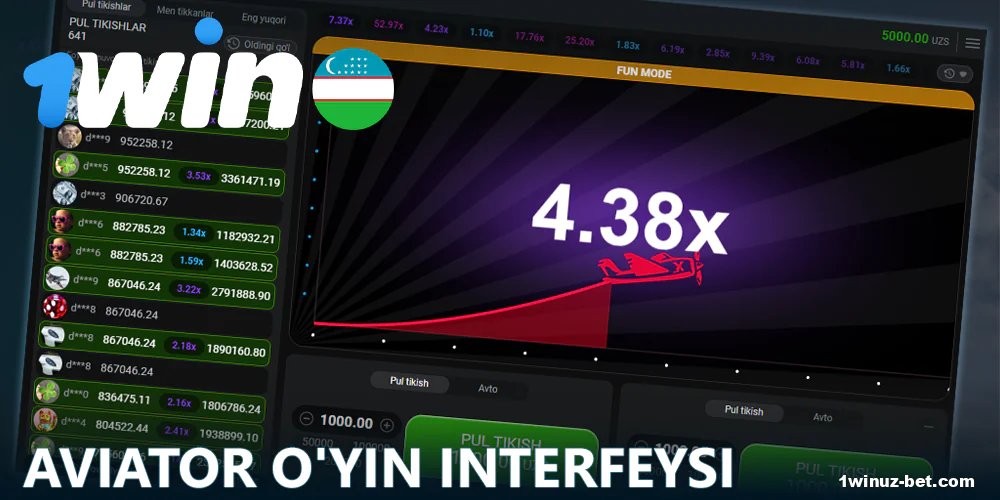 1Win O'zbekistondagi Aviator o'yin interfeysi