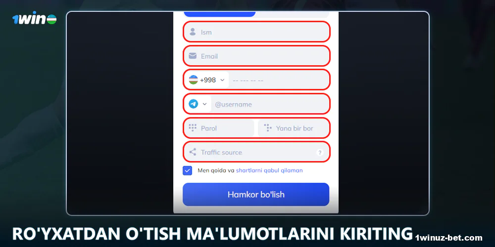 1Win O'zbekiston da ro'yxatdan o'tish ma'lumotlarini kiriting