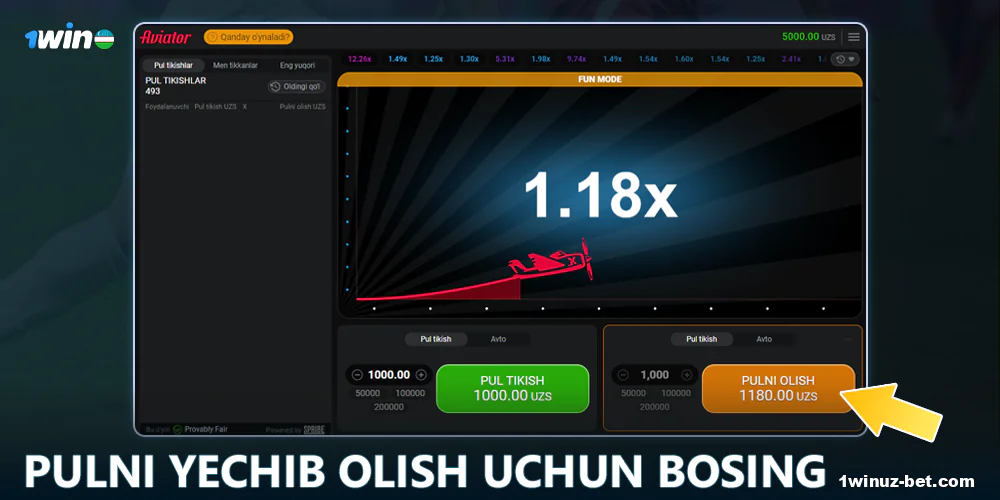 Aviator 1Win O'zbekistondagi yutuq summasini bosing