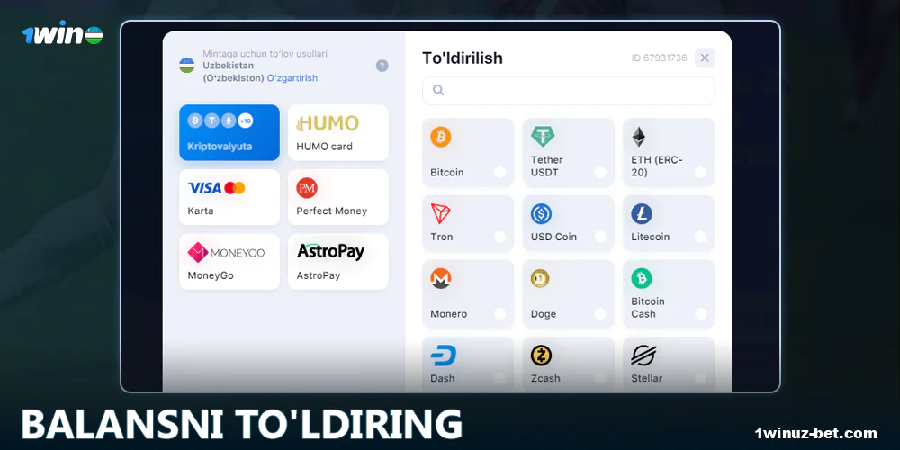 Balansingizni 1Win O'zbekiston da to'ldiring
