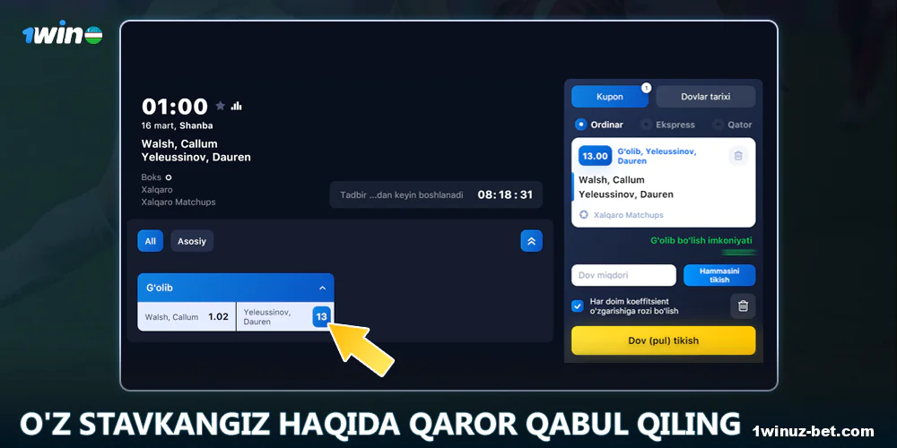 1Win O'zbekiston da koeffitsientlarni tanlang