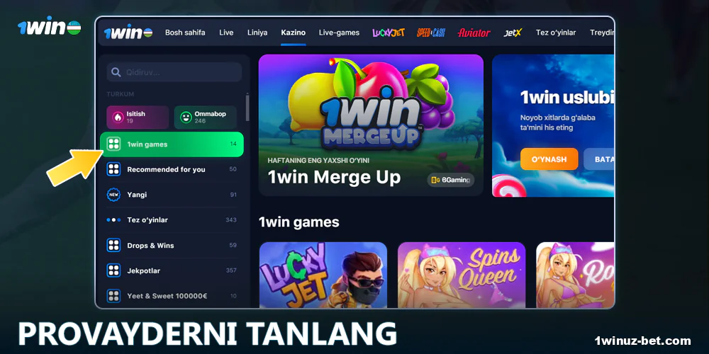 1Win O'zbekiston da toifa yoki provayderni tanlang