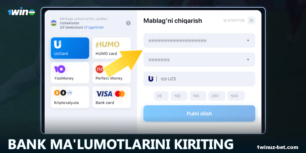 1Win O'zbekistonga bank ma'lumotlaringizni kiriting