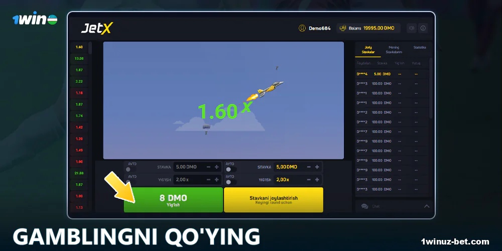 1Win O'zbekiston da JetX ga tiking