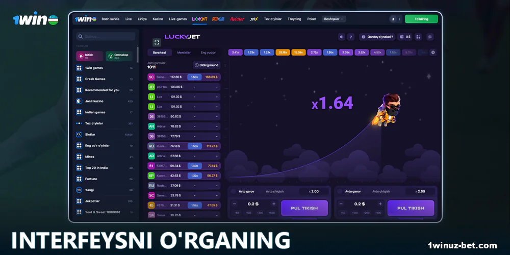 1Win O'zbekiston da Lucky Jet o'yinining interfeysini o'rganing