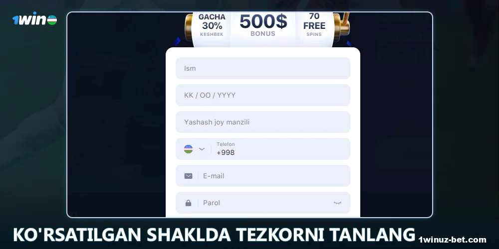 1Win O'zbekiston da tezkor ro'yxatdan o'tish shaklini tanlang