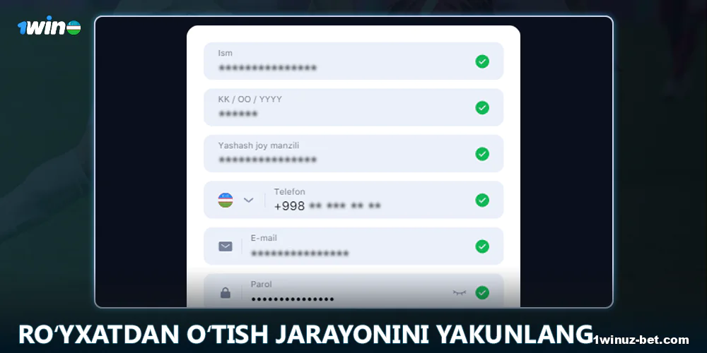 1Win O'zbekiston saytida ro'yxatdan o'tish shaklini to'ldiring