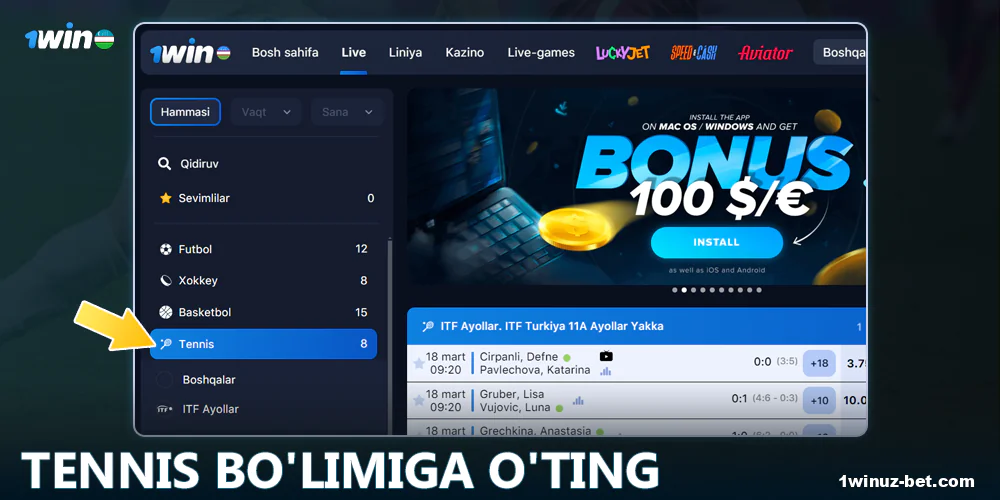 1Win O'zbekiston da Tennis bo'limiga o'ting